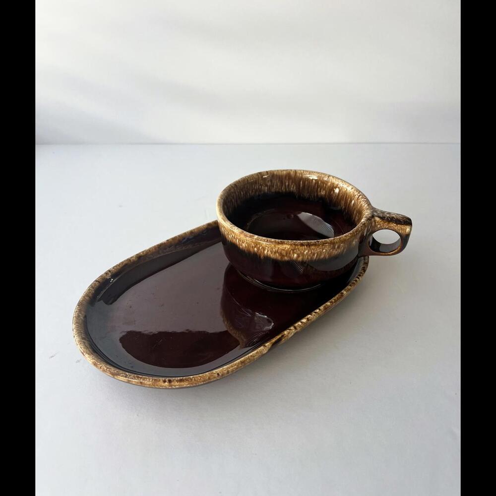 Hull Pottery Ovenproof Brown Drip Ceramic Soup Mug w/ Plate Soup & Sandwich Set